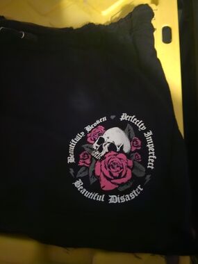 Black Women's Jogger Shorts with Pink Rose & Skull Graphic